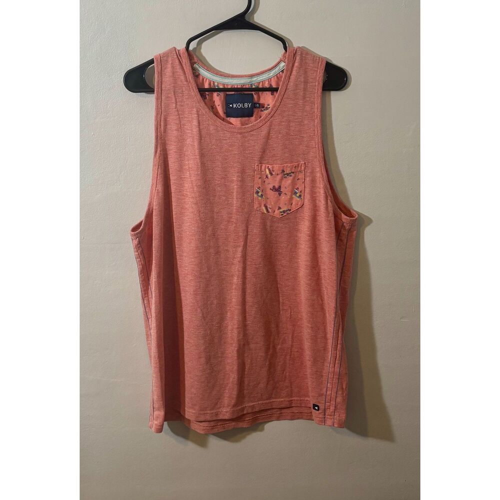 Kolby Men’s Coral Heathered Tank Top with Patterned Pocket Size Large